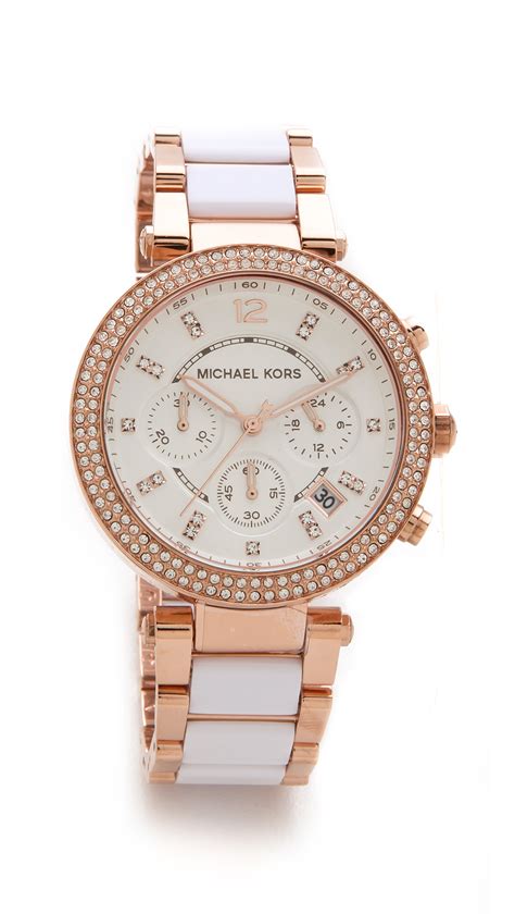 michael kors rose gold and white watch|Michael Kors parker chronograph watch.